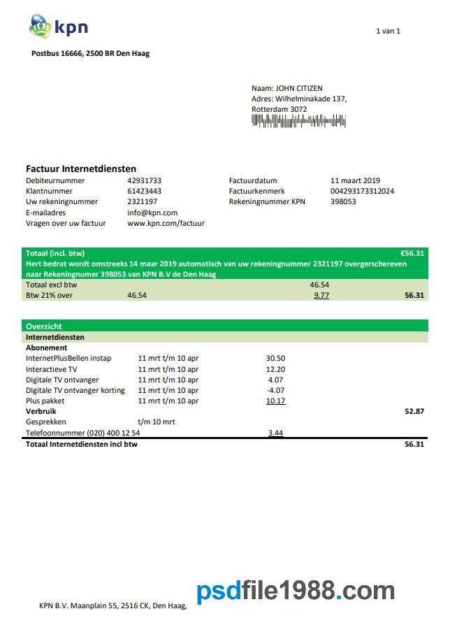Netherlands KPN Utility Bill